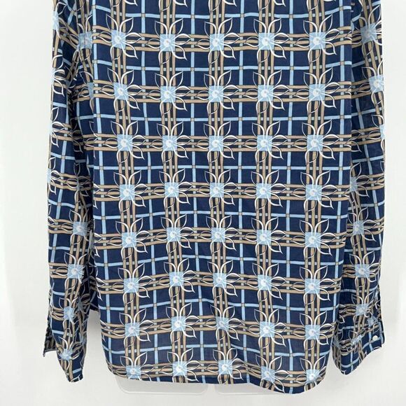 J. McLaughlin Button Down Shirt Women XL Blue Tan Geometric Cotton Long Sleeve - Picture 6 of 9